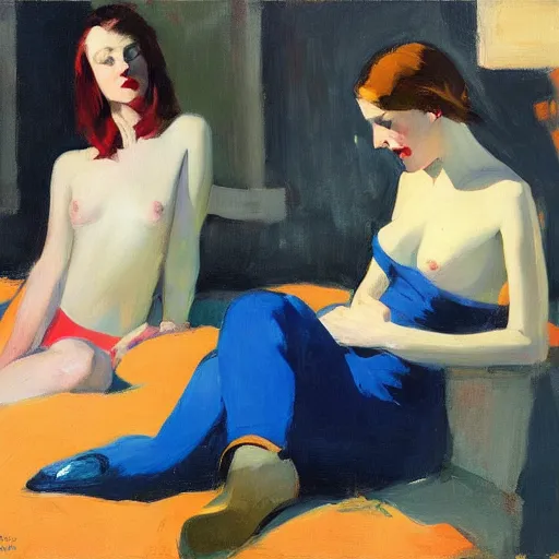 Image similar to artwork by malcolm liepke and edward hopper