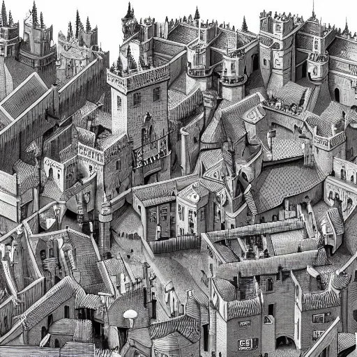 Image similar to an isometric view of crowded medieval castle in the middle of england, illustration, art, hyper detailed, foggy, cinematic