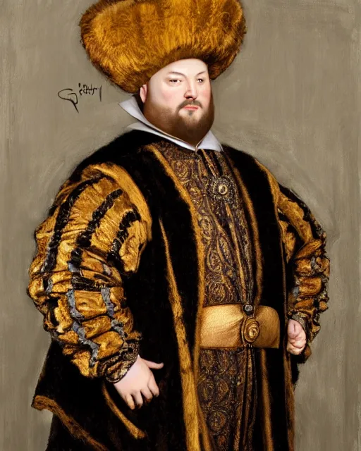 Image similar to fat dark gray cat with yellow eyes dressed like henry viii, tudor period robes in scarlet gold black, tudor bonnet, luxurious, opulent, regal, royal portrait, hans holbein the younger, greg rutkowski