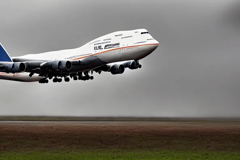 Prompt: detailed photo a boeing 7 4 7 landing at a 4 5 degree angle, on a runway in heavy rain and wind, photo from a spectator, 8 k, natural lighting