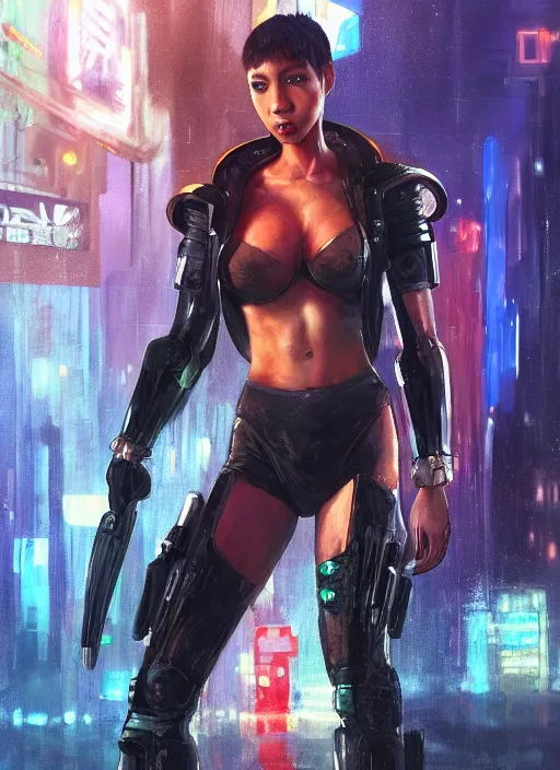 Image similar to black chun li. cyberpunk police trooper in tactical gear. plastic raincoat. rainy city. blade runner 2 0 4 9 concept painting. epic painting by james gurney, azamat khairov, and alphonso mucha. artstationhq. painting with vivid color. ( rb 6 s, cyberpunk 2 0 7 7 )