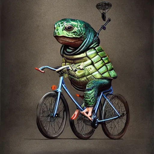 Image similar to a turtle with bike helmet riding a fixie bicycle, digital art by łukasz piskorz and patrick mcenvoy and michael komarck, intricate, highly detailed, artstation, concept art, smooth, sharp focus photo centered