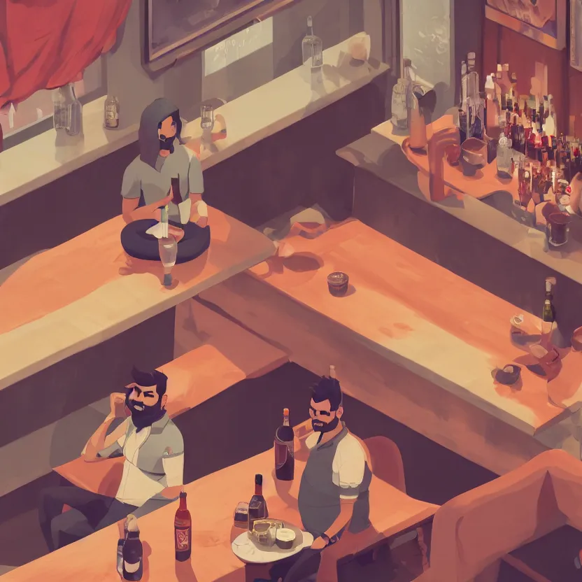 Image similar to virat kholi sitting in a bar, with a huge belly, drinking heavily, isometric, wide view, cinematic view, ultrarealistic, 8 k, unreal engine, by atey ghailan, artstation