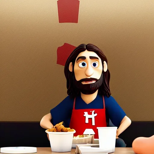 Image similar to jesus eating at chick - fil - a, pixar,