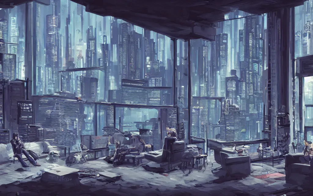 Image similar to cyberpunk loft lounge with tall windows without people with city in background, drawn by feng zhu