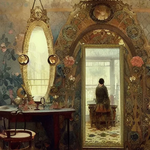 Prompt: a beautifull intricate watercolour painting of a victorian room with mirror, reflexions, verry high details by william turner art, greg rutkowski and alphonse mucha, trending on artstation, very very detailed, masterpiece, - h 7 0 4
