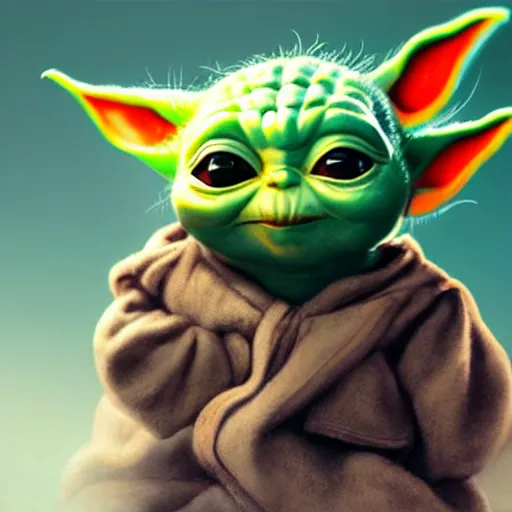 Image similar to small cute baby yoda, hyper detailed painting, dramatic lighting, cinematic,