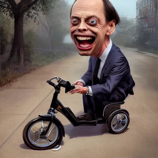 Image similar to hyper realistic absurd, silly, making insane faces, steve buscemi / john waters riding a tiny tricycle, painted by greg rutkowski, wlop, artgerm