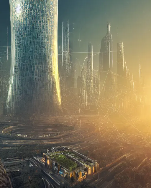 Prompt: synthetic web city with utopian architecture, scifi, complex design, illuminated, masterpiece, forest, halo above, skyscrapers, metallic webs, cyborgs, artificial intelligence, sunset, energy towers, atmospheric, utopia, 4 k high definition, artstation, insanely detailed, art by jasza dobrzanski, rob mcnaughton