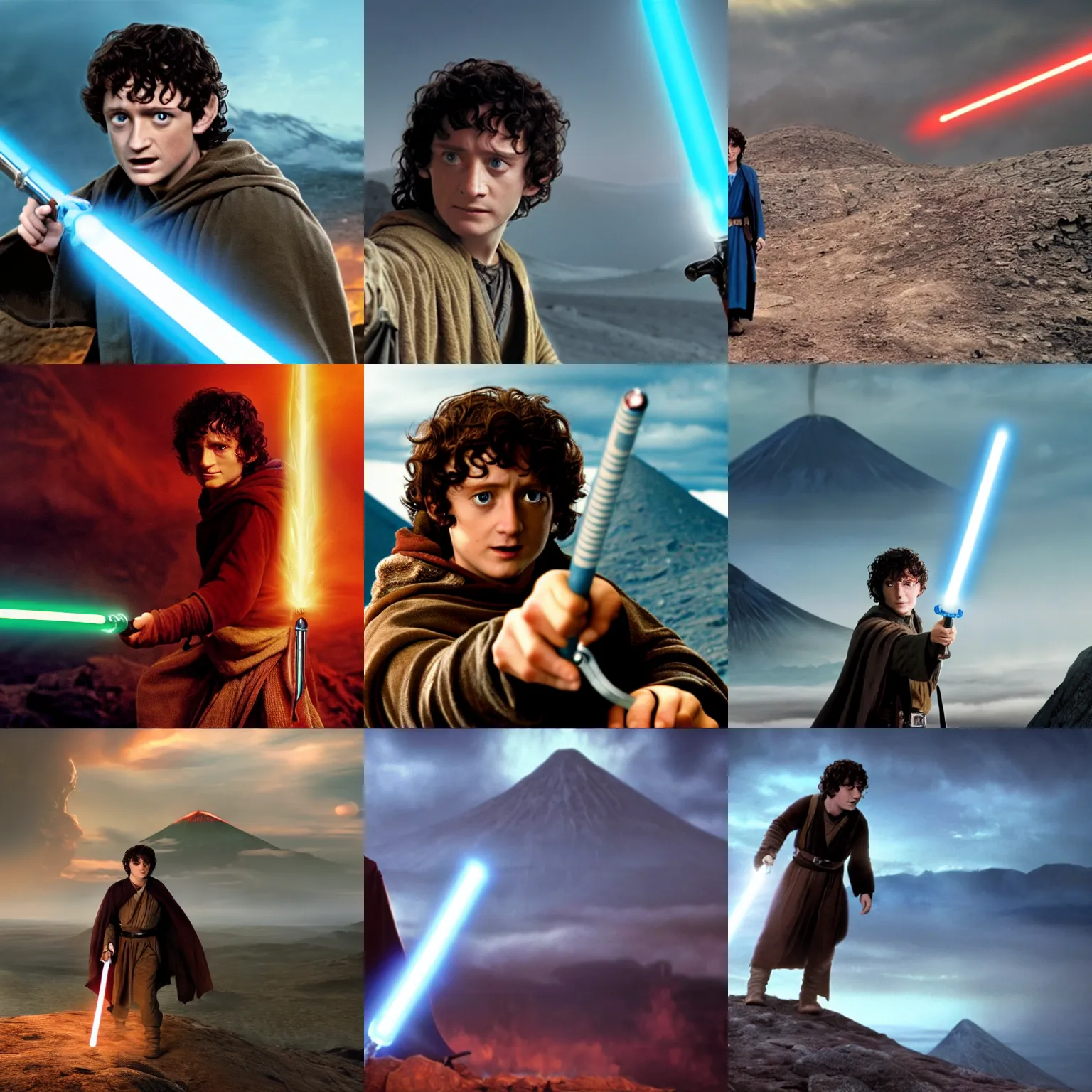 Prompt: Frodo Baggins with a blue lightsaber on Mount Doom, 4k movie still