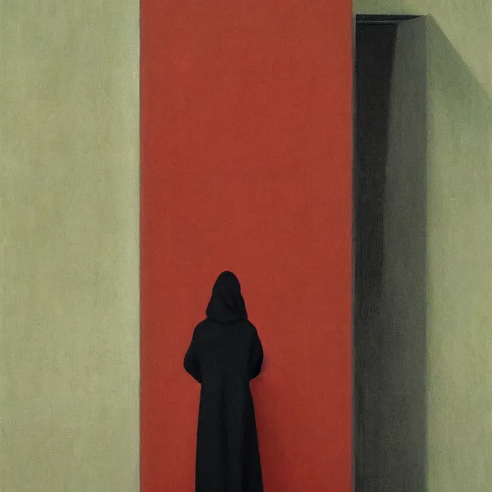 Image similar to woman in black robed, back to us, arms to the sides, dressed in red paper bags, holding stack of green paper bags, highly detailed, artstation, art by edward hopper, zdislav beksinski, wayne barlowe, edward hopper