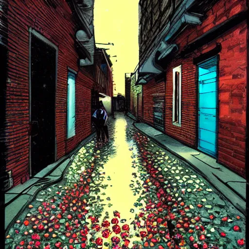 Image similar to Spawn selling flowers in an alley at night, by Todd MacFarlane