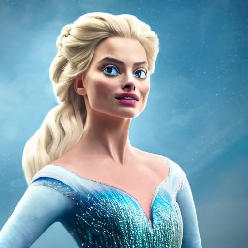 Image similar to Margot Robbie as Elsa in disney frozen live action, 8k full HD photo, cinematic lighting, anatomically correct, oscar award winning, action filled, correct eye placement,