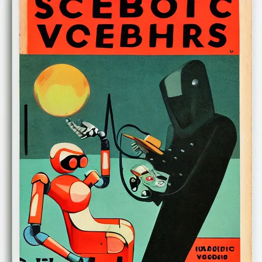 Prompt: 1 9 6 0 s science fiction book cover, robotic vampires, high quality, high resolution