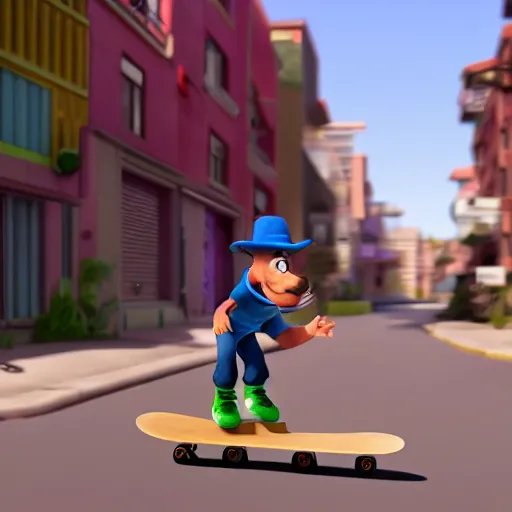 Image similar to a cartoon character riding a skateboard down a street, a screenshot by Seuss Dr, polycount, hurufiyya, ps1 graphics, playstation 5 screenshot, xbox 360 graphics