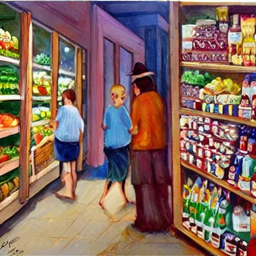 Image similar to a grocery story painted by a famous Greek artist