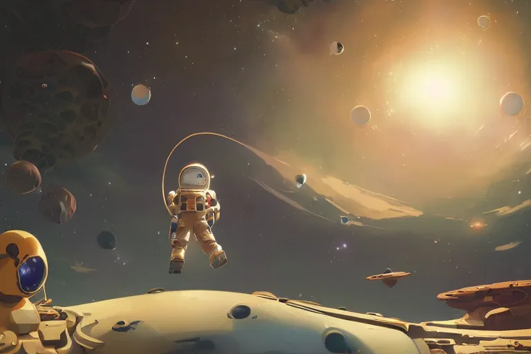 Image similar to astroneer chasing a distant spaceship Anime, wide angle, fine details, cinematic. galaxy starscape. realistic shaded lighting by Ilya Kuvshinov Giuseppe Dangelico Pino and Michael Garmash and Rob Rey greg rutkowski, octane render, IAMAG premiere, aaaa achievement collection, elegant freckles, cinematic hologram, fabulous, daily deviation, annual award winner