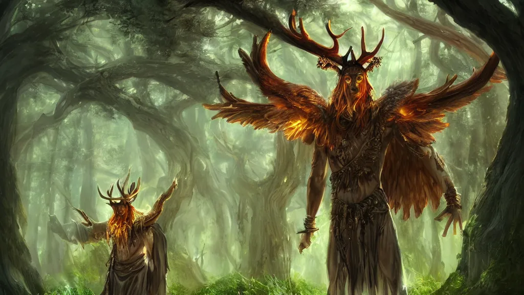 Prompt: A make druid, with antlers on his head and large hawk wings, casting a powerful glowing spell in the middle of an enormous, enchanted forest, dreamscape, dramatic lighting, fantasy art illustration, trending on artstation, Aetherpunk