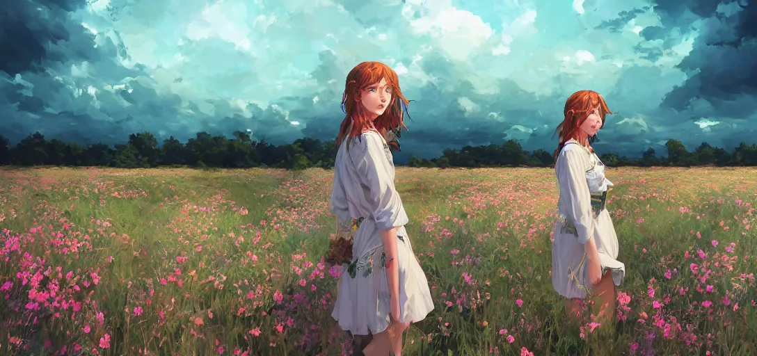 Image similar to a beautiful southern woman named Savannah, innocent, sad turquoise eyes, freckles, long ginger hair tied with white ribbon, relaxed in a field of flowers on a farm, gentle lighting, storm in the distance, somber, western clothing, dress, digital art by Makoto Shinkai ilya kuvshinov and Wojtek Fus, digital art, concept art,