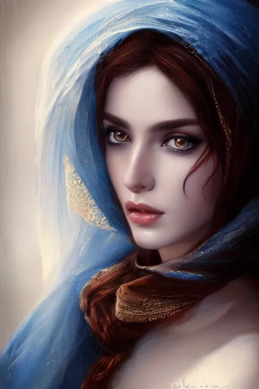 Image similar to ameera al taweel woman , bright blue eyes, wavy black hair, white veil, closeup, cinnamon skin color, elegant, highly detailed, centered, oil painting, artstation, concept art by tom bagshaw