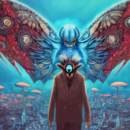 Image similar to 8K Portrait of centered chest up of a psychedelic godlike mothman with giant mandala wings smoking a hand-rolled cigarette smoking heavily , magic mushroom village in background , post-processing , award winning. superb resolution. in the art style of junji Ito and greg rutkowski . Detailed Mushroom city in background. Hyper realistic anime. Perfect art. Dalle2