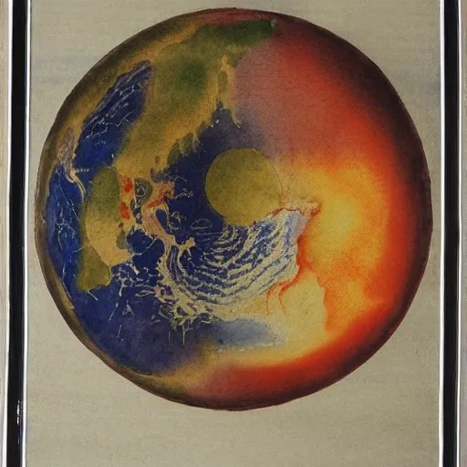 Image similar to a chinese watercolor painting of the earth and the sun fighting each other