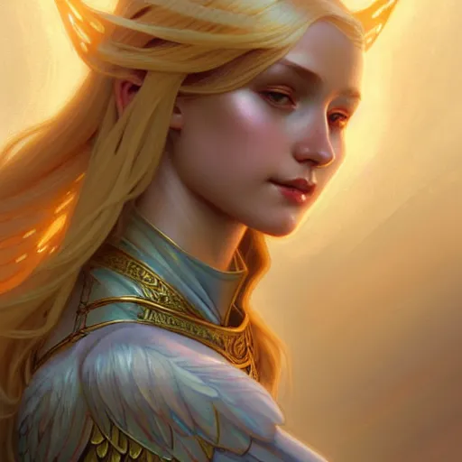 Image similar to Winged girl angel with blonde hair and glowing halo, iridescent, seraphim, fantasy, intricate, elegant, highly detailed, digital painting, artstation, concept art, smooth, sharp focus, illustration, art by Krenz Cushart and Wenqing Yan and alphonse mucha