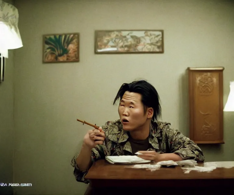 Prompt: hyperralism pineapple express movie still photography of real detailed north korean kim chen with detailed face smoking weed in basement bedroom photography by araki nobuyoshi