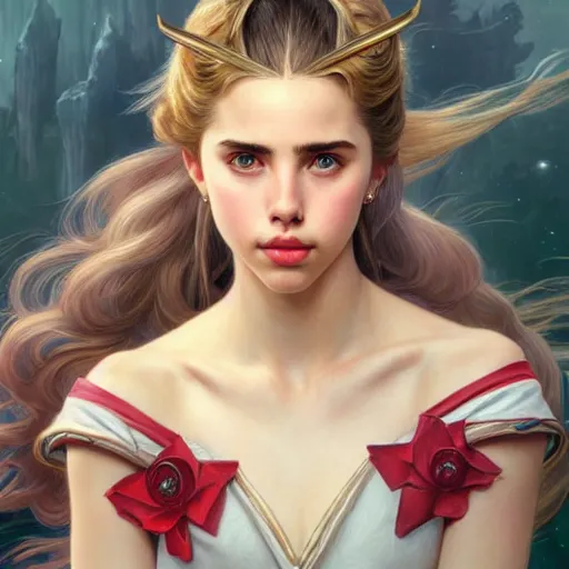 Image similar to Blonde Margaret Qualley as Sailor Moon, western, D&D, fantasy, intricate, elegant, highly detailed, digital painting, artstation, concept art, matte, sharp focus, illustration, art by Artgerm and Greg Rutkowski and Alphonse Mucha