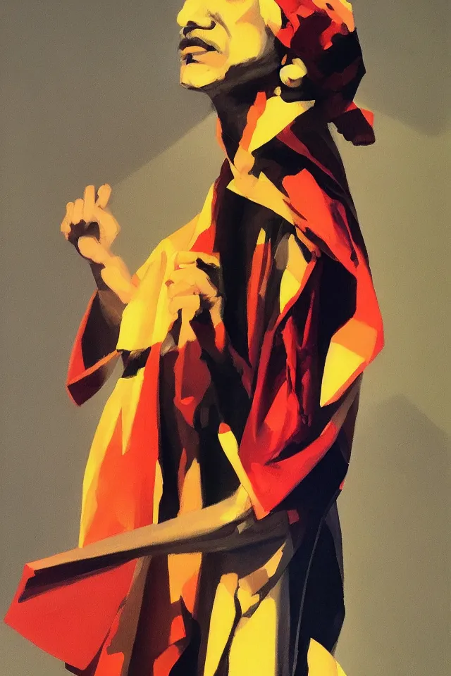 Image similar to chiaroscuro oil painting of a modern shaman, modern minimal isei miyake outfit, in the style of syd mead, jeremy cowart, concept art