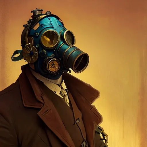 Prompt: portrait of a vicotrian steampunk in suit wearing a gas mask by darek zabrocki and greg ruthkowski, alphonse mucha, simon stalenhag and cinematic and atmospheric, concept art, artstation, trending on artstation