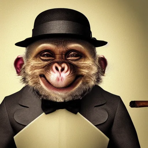 Image similar to a high detail closeup shot of a depressed monkey wearing a suit and smoking a cigar