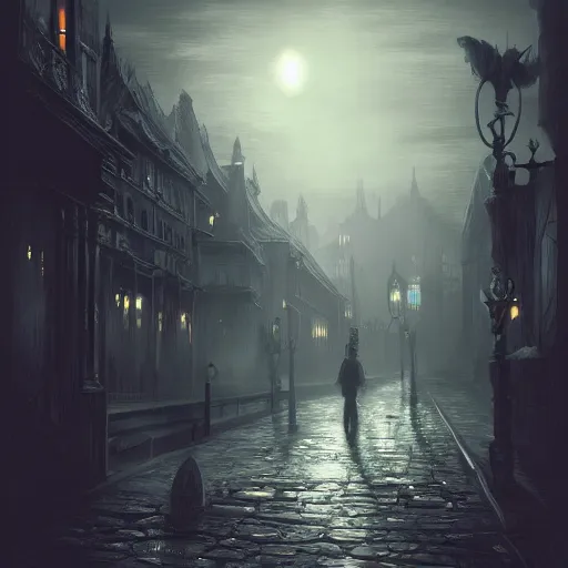 Prompt: dark fantasy Victorian city, digital art, concept art, trending on artstation, highly detailed, grim atmosphere, volumetric lighting