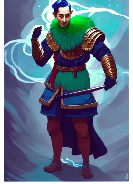 Image similar to style artgerm, joshua middleton, illustration, pee wee herman as a warrior monk wearing green pelt light armor, blue hair, swirling water cosmos, fantasy, dnd, cinematic lighting