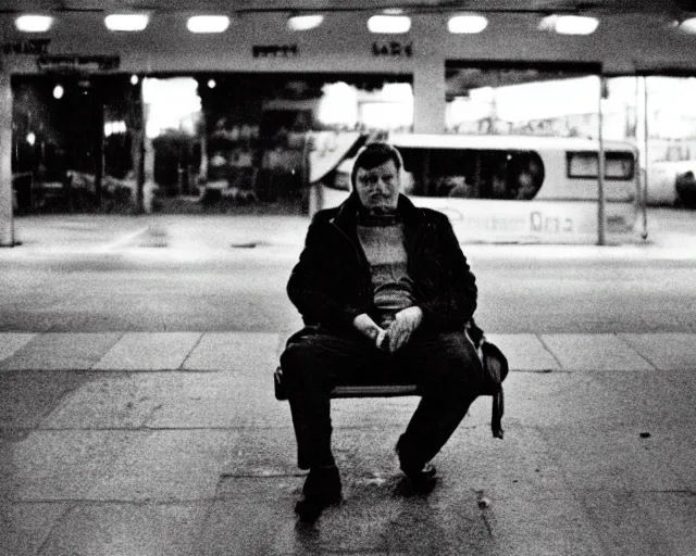 Image similar to a lomographic photo of russian lone man sitting in bus station at early evening in small town, cinestill, bokeh