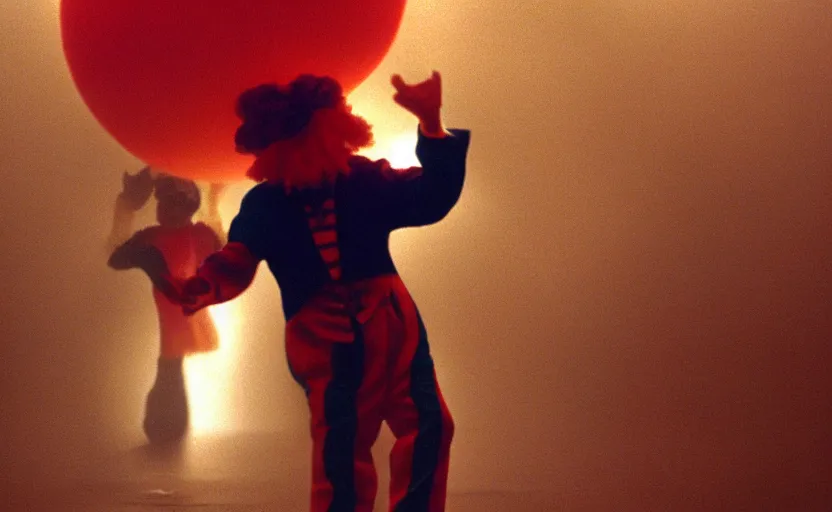 Prompt: cinematic shot of a happy juggling clown, moody scene from being john malcovich directed by charlie kaufman ( 2 0 0 1 ), foggy volumetric light morning, anamorphic lenses, kodak color film stock