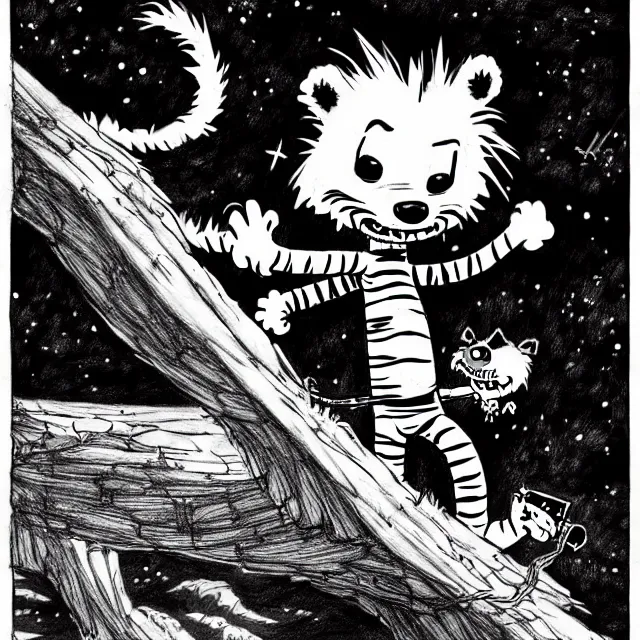 Prompt: epic professional digital Calvin and Hobbes ink drawing drawn by H.R. Giger, best on artstation, breathtaking, epic, stunning, gorgeous, much detail, much wow, cgsociety, wlop, pixiv, behance, deviantart, masterpiece