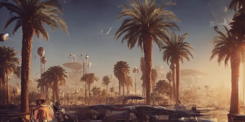 Prompt: Futuristic Marrakech, palm trees ,WLOP, James Jean, tom bagshaw, rococo, trending on artstation, fantasy, intricate, elegant, highly detailed, digital painting, concept art, smooth, illustration, cinematic lighting, hyper realism, octane render, 8k, hyper detailed.