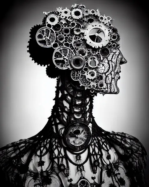 Image similar to surreal black and white photo portrait of complex bio-mechanical beautiful young female vegetal-cyborg with a Mandelbrot fractal steampunk metal fine lace face, a very long neck and a fine metal floral foliage super big lace collar by Alexander McQueen:: smoke, high fashion, haute couture, rococo, steampunk, silver filigree details, anatomical, facial muscles, cable wires, microchip, elegant, dreamy, foggy atmosphere, hyper realistic, 150 mm lens, soft rim light, octane render, unreal engine, picture was taken in 1910 by Man Ray, volumetric lighting, dramatic light,8k,