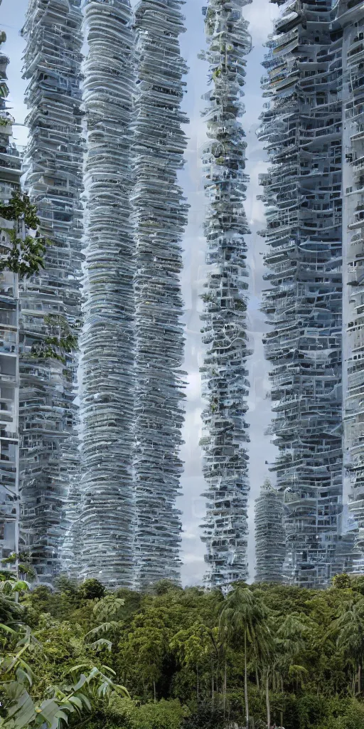 Prompt: elevational photo by Andreas Gursky of tall and slender futuristic mixed-use towers emerging out of the ground. The towers are draped with white gauzy fabric billowing in the wind. The towers are covered with trees and ferns growing from floors and balconies. The towers are clustered very close together and stand straight and tall. The housing towers have 100 floors with deep balconies and hanging plants. No sky. Cinematic composition, volumetric lighting, architectural photography, 8k, megascans, vray.