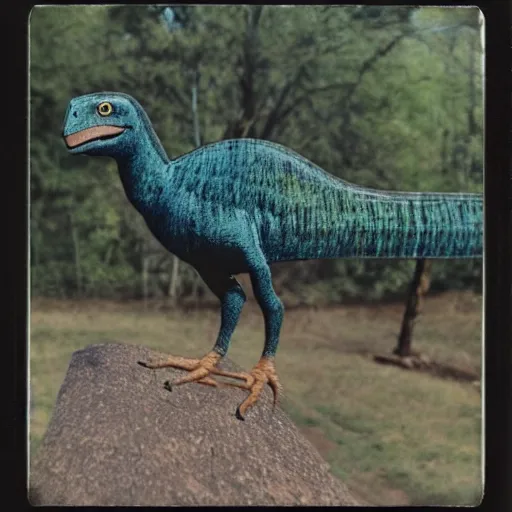 Prompt: polaroid of a feathered dinosaur