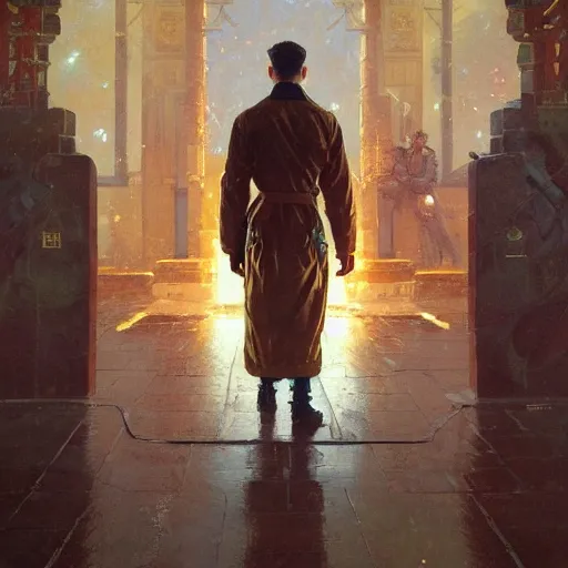 Image similar to A soviet officer wearing long flowing robes in front of a magical gateway to another universe, illustration by greg rutkowski, thomas kindkade, alphonse mucha, loish, norman rockwell, artstation