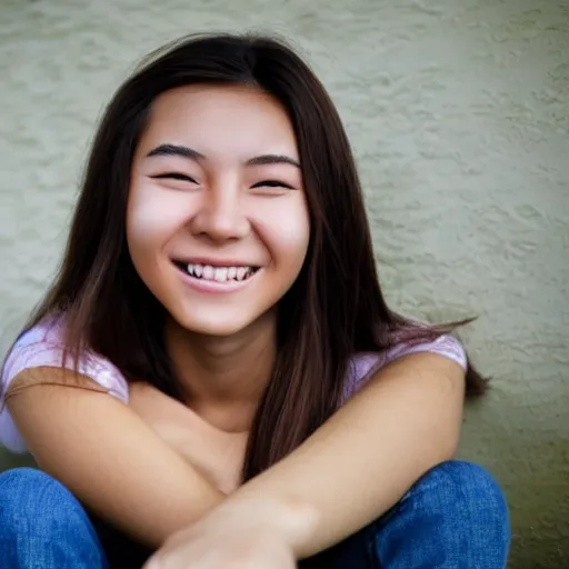 Prompt: face of a smiling beautiful 16 year old chinese woman with long brown hair - 9