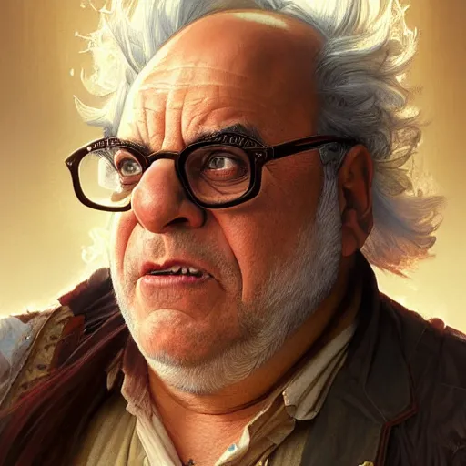 Prompt: SSJ3 Danny DeVito, western, D&D, fantasy, intricate, elegant, highly detailed, digital painting, artstation, concept art, matte, sharp focus, illustration, art by Artgerm and Greg Rutkowski and Alphonse Mucha