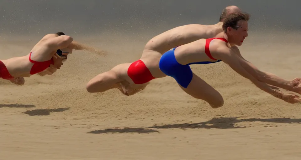 Prompt: olympic swimming in sand instead of [ [ [ [ [ water ] ] ] ] ], extremely coherent, motion blur
