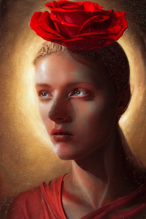 Image similar to hyperrealistic mixed media painting of Mother Mary, a halo about her head, holding a red rose, traditional beauty, stunning 3d render inspired art by P. Craig Russell and Barry Windsor-Smith + perfect facial symmetry + dim volumetric lighting, 8k octane beautifully detailed render, post-processing, extremely hyperdetailed, intricate, epic composition, grim yet sparkling atmosphere, cinematic lighting + masterpiece, trending on artstation, very very detailed, masterpiece, stunning