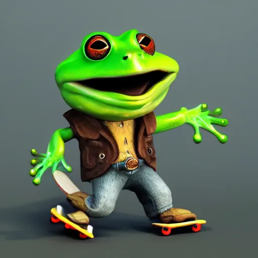 Prompt: a frog wearing a cowboy hat and riding a skateboard, award winning, trending on artstation, unreal engine