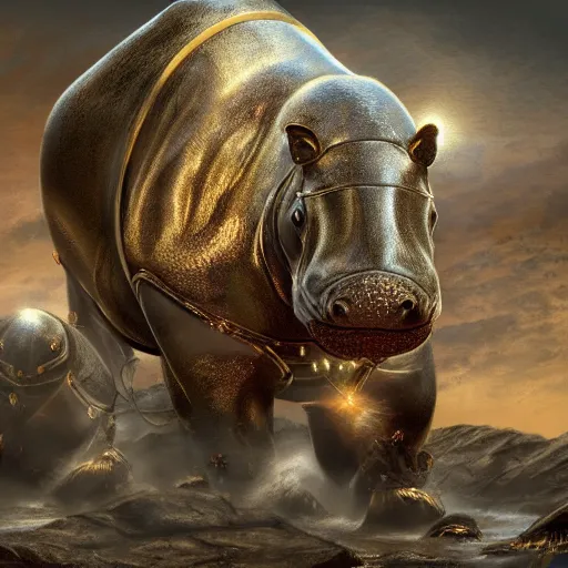 Prompt: fantasy art 4 k photo of hippos in very detailed shiny plate armor engraved in gold ready for battle in a blizzard