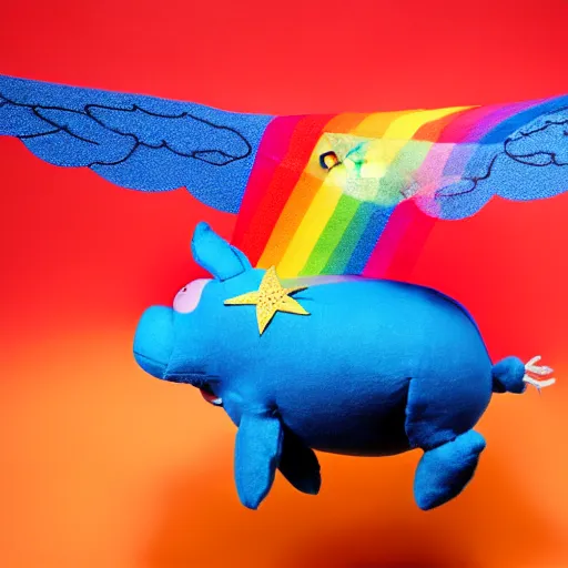 Prompt: studio photograph of a flying pig with wings depicted as a muppet in a blue sky with cotton ball clouds and rainbows