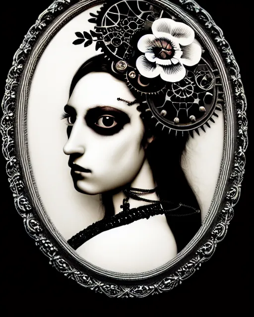 Image similar to black and white masterpiece profile portrait painting with no frame, dutch masters, silver lace floral steampunk biomechanical beautiful one techno eye young female cyborg, big monocular, volumetric light, hibiscus flowers, by dora maar, rim light, big gothic fashion pearl embroidered collar, 8 k